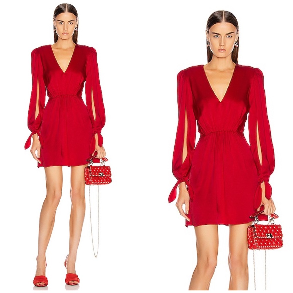 NWT Haney Red Split Sleeve Gathered Satin Dress - Picture 5 of 16